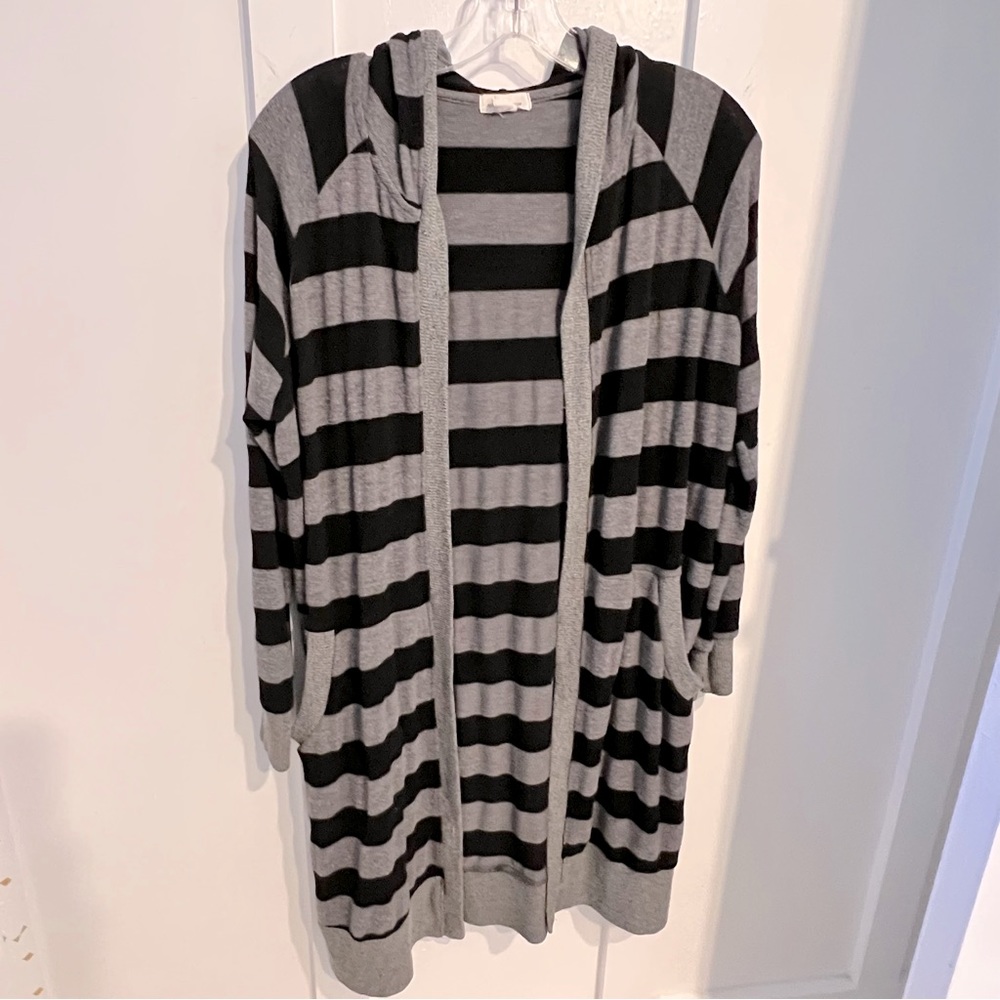 Silence & Noise Medium Long Cardigan Stripe Hood Black Gray Grey Pockets Duster